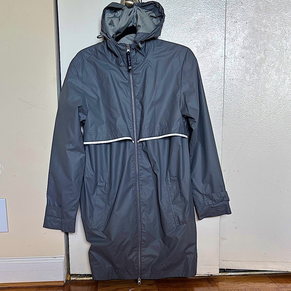 Gray Hooded Knee Length Rain Jacket